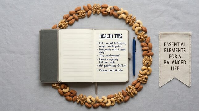 Open notebook with health tips surrounded by a circle of assorted nuts, a pen nearby