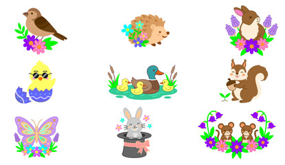 Fototapeta premium Cute Easter Animals Clipart Set with Bunny Chick Duck and Spring Flowers Vector Illustration 