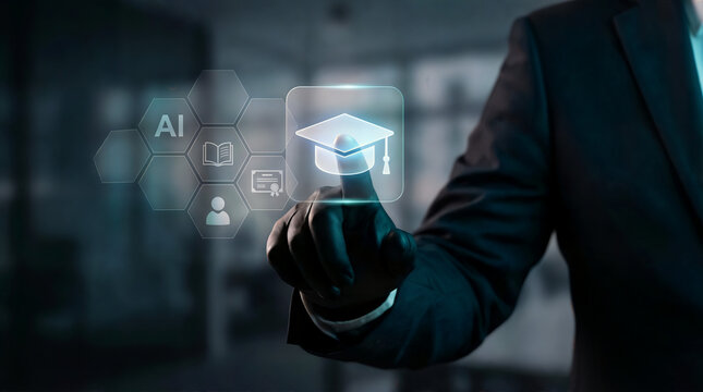 Ai online learning platform for digital education, student using tablet at home, intelligent elearning system with course assessment analytics certification and training for skill development