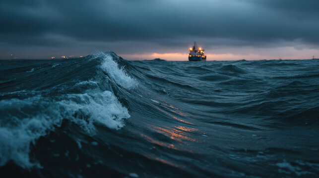 Stormy ocean wave with distant ship lights reflecting on water at dusk, dramatic seascape with dark clouds and restless sea