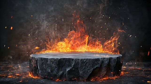 Fiery stone platform on a dark, smoky ground