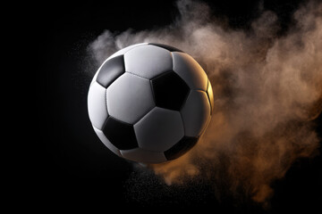 Naklejka premium Soccer ball football black and white leather textured smoke dramatic lighting motion sport isolated studio airborne close up spherical pentagon hexagon monochrome play game athletic momentum