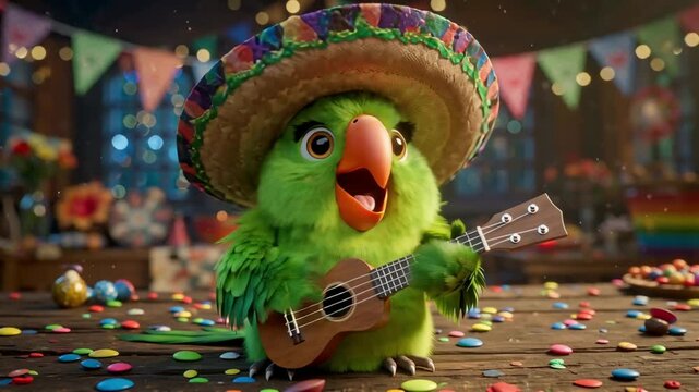Colorful parrot playing guitar at vibrant fiesta celebration Happy Cinco de mayo