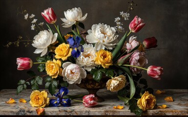 Fototapeta premium A vibrant floral arrangement in a golden vase on marble with