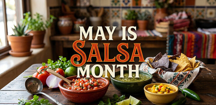 May is Salsa Month celebration with fresh tomato pico de gallo, salsa verde, and mango salsa with tortilla chips on a rustic wooden kitchen table
