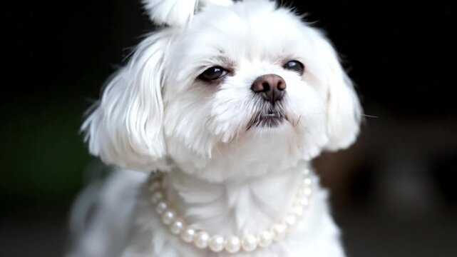 Elegant White Maltese Dog with Pearl Necklace Looking Up Adorably