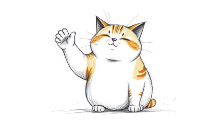 Obraz premium Cat Cartoon Illustration Featuring a Cute Tabby Cat Waving Hello with a Friendly Smile on a Transparent Background