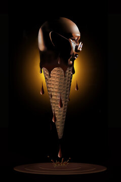 A man with a bald head  appears as a scoop of ice cream in a cone and he is melting away slowly, dripping, down in a metaphor for getting older and more diminished physically.