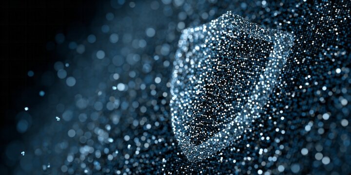 Three dimensional geometric structure composed of numerous illuminated particles against a dark background