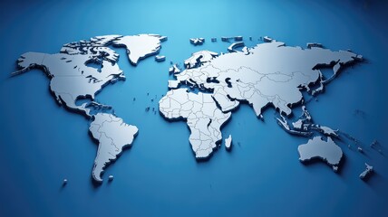 Fototapeta premium A three-dimensional metallic world map showcasing continents prominently raised against a vibrant blue background, symbolizing global connectivity and international relations.