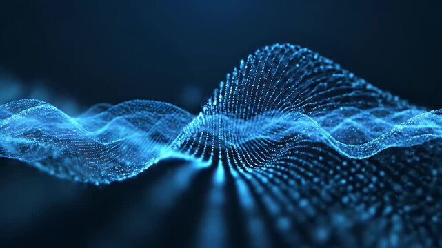 A luminescent blue particle wave form undulating across a dark gradient background