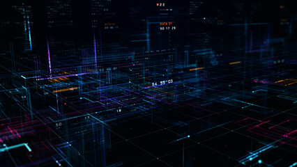 Abstract digital data network with glowing lines and big data flow visualization, representing AI analytics, cloud computing, and futuristic information technology infrastructure. 3d rendering