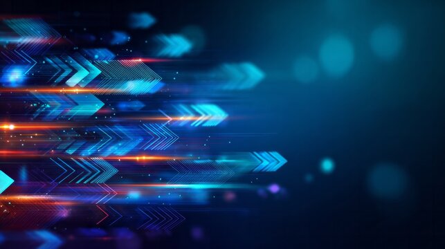 Abstract digital graphic displays forward motion using glowing blue arrows and horizontal light streaks