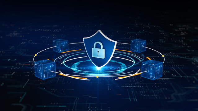 Cyber Security Shield Protecting Digital Network Data with Blockchain Nodes and Secure Data Protection Technology Concept, Technology background concept, 3d rendering