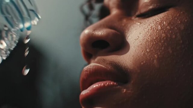 Close-Up of a Person Drinking Water, Refreshing Hydration Moment Highlighting Healthy Lifestyle, Thirst Quenching and Wellness, Clean Water Intake for Body Health and Daily Vitality