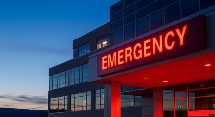 Fototapeta premium Exterior of a hospital emergency room at dusk with illuminated signage.