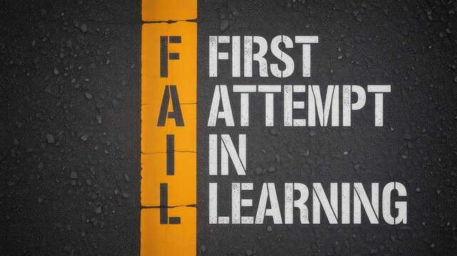 Conceptual image brilliantly defining the word fail as first attempt in learning, using bold stencil text on a textured asphalt road surface.