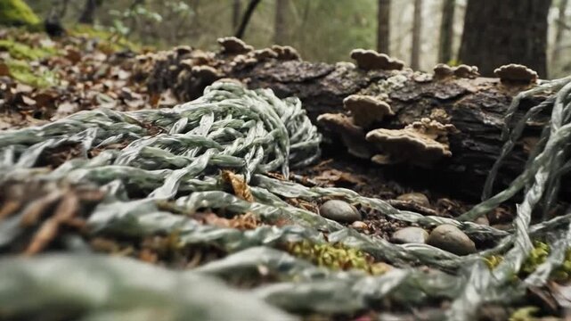 Twisted plastic fibers mimic decaying organic matter on a forest floor, showcasing natural decomposition and textures.