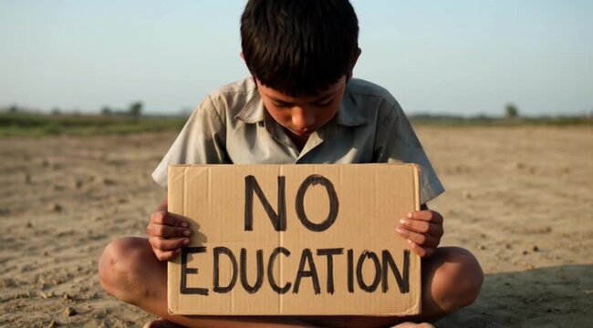 Solemn young boy holds a handmade "No Education" sign, emphasizing the critical lack of learning opportunities.