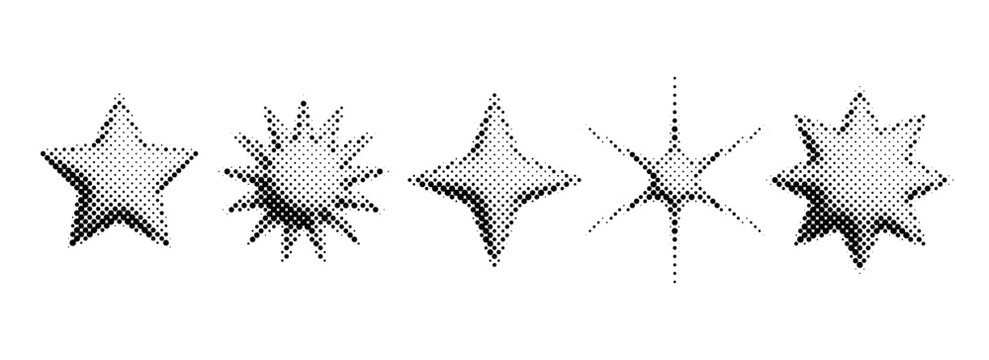 Halftone grunge stars set. 3d dotted grain star shape collection. 8 bit bitmap element bundle. Pixel comic burst and sparkle for poster, banner, flyer, collage, sticker. Vector graphic design pack
