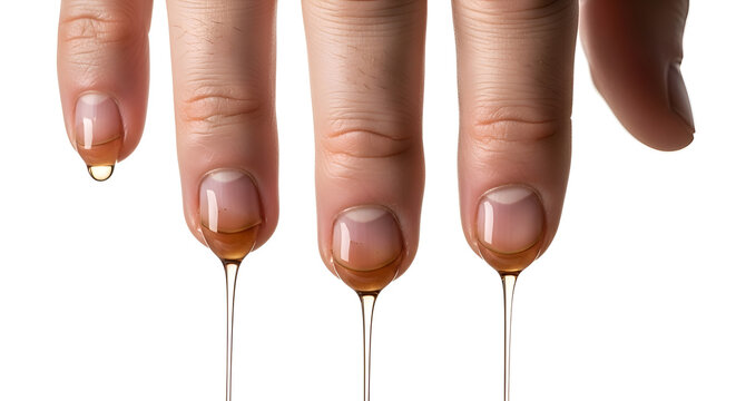 This image is a stock photograph showing honey dripping from human fingertips. 