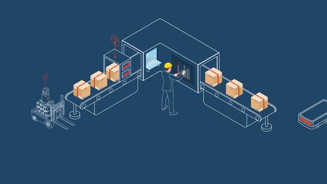 Logistics Warehouse Work Process animation with Transportation operation service, Converter belt, Autonomous Robot AGV, Supply chain workflow concepts. Isometric 4k animation
