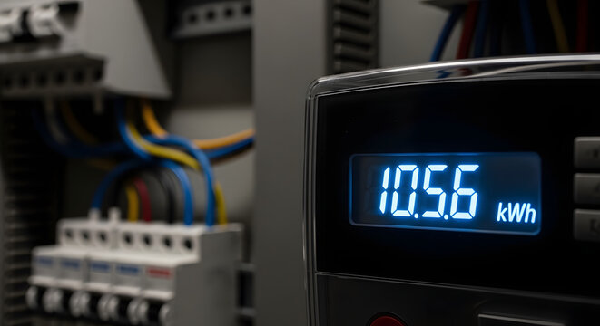 Electricity meter displaying 105.6 kWh with electrical panel and wires in the background, highlighting energy consumption monitoring