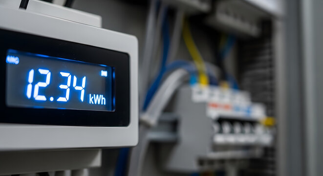 Digital electricity meter displaying energy consumption in kWh, alongside electrical wiring and circuit breakers
