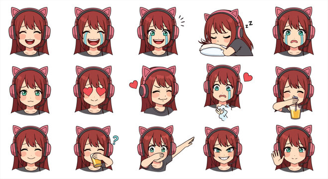 Cute Gamer Girl Character Emote Sticker Set, Kawaii Gaming Avatar Emoji Pack, Streaming Reaction Icons for Twitch Discord Vector