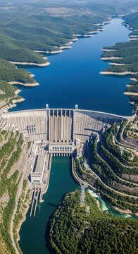 Majestic Hydroelectric Dam Creating Vast Reservoir Amidst Verdant Hills