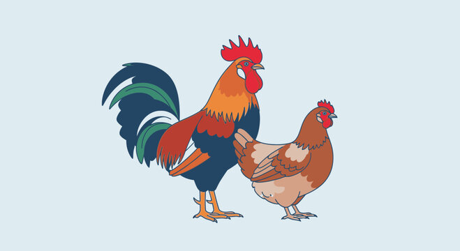 Rooster and hen standing together.