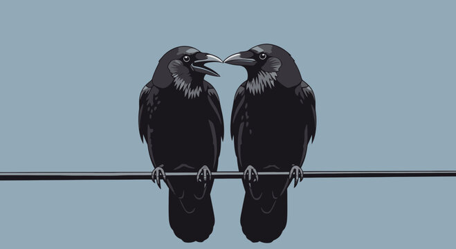 Two black birds sitting on wire.