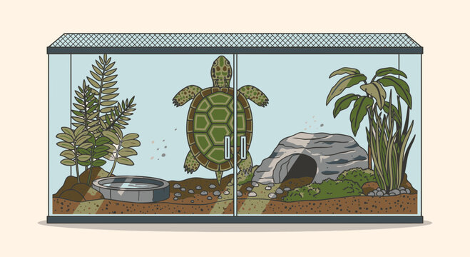 Turtle in a glass aquarium tank.