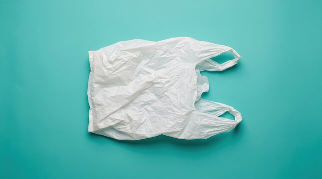 A crumpled white plastic shopping bag rests on a vibrant cyan background, showcasing a common disposable item.