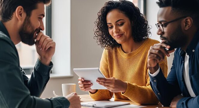 Diverse professionals reviewing data in modern office setting