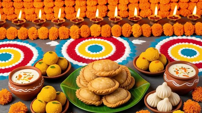 Traditional Indian festive sweets and snacks with diyas and marigold decoration for Diwali celebration setup