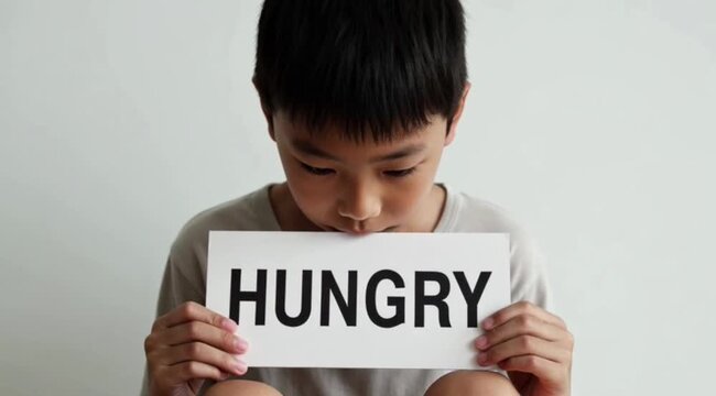 Young Asian boy gravely holds a "HUNGRY" sign, symbolizing food insecurity and poverty.