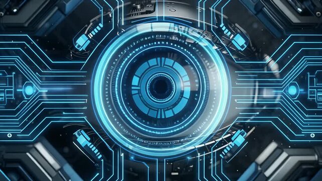 Futuristic technology background with digital eye interface and glowing blue circuit lines