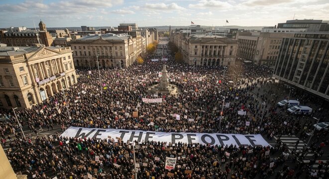 Massive Crowd Rallying Downtown Displaying Unity And Collective Expression