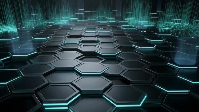 Futuristic digital data flow on hexagonal grid with neon blue glowing technology background