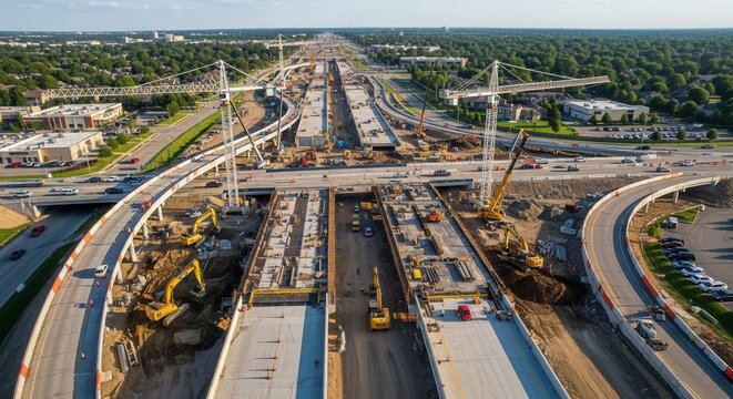 Massive Highway Construction Project Underway In Suburban Landscape