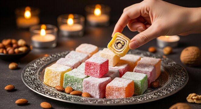 Hand picking colorful Indian sweets mithai with lit diyas during Diwali festival celebration festive dessert scene
