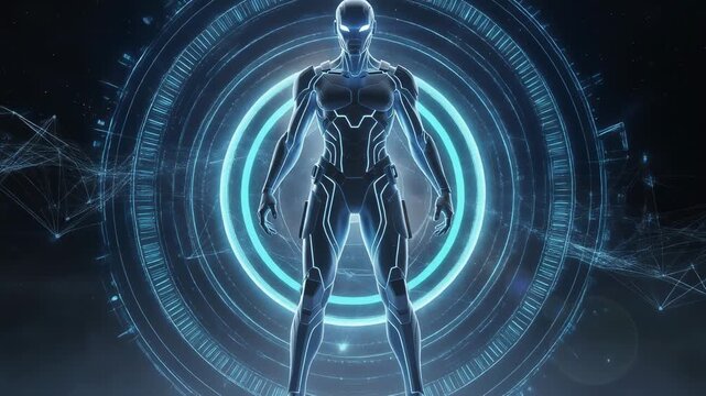 Futuristic glowing robot humanoid with digital network and technology background in sci fi style