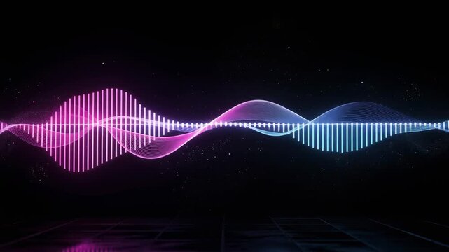 Colorful digital sound wave abstract background with glowing neon light effects on black