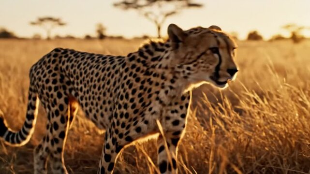 Graceful cheetah prowling through golden savanna grass at sunset, capturing wildlife beauty