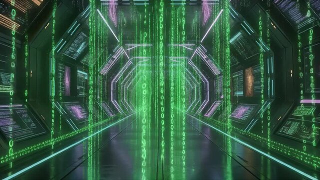 Futuristic digital data tunnel with glowing green code and high tech computer screens in cyber environment