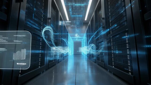 Futuristic digital data center corridor with glowing blue server racks and virtual holographic interfaces