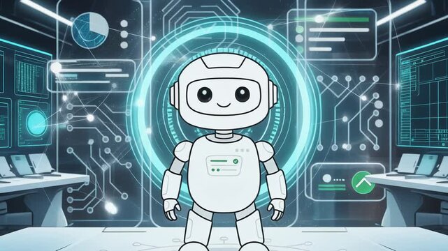 Cute friendly robot in futuristic digital control room with technology and data visualization