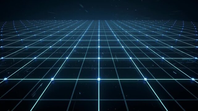 Futuristic digital grid with glowing blue lines on dark background technology network concept
