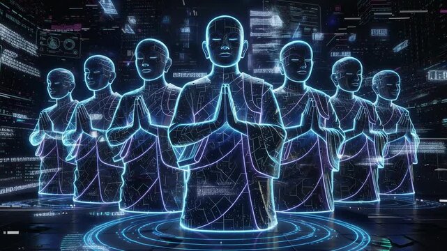 Futuristic digital monks with glowing outlines meditating in a high-tech virtual environment with holographic data